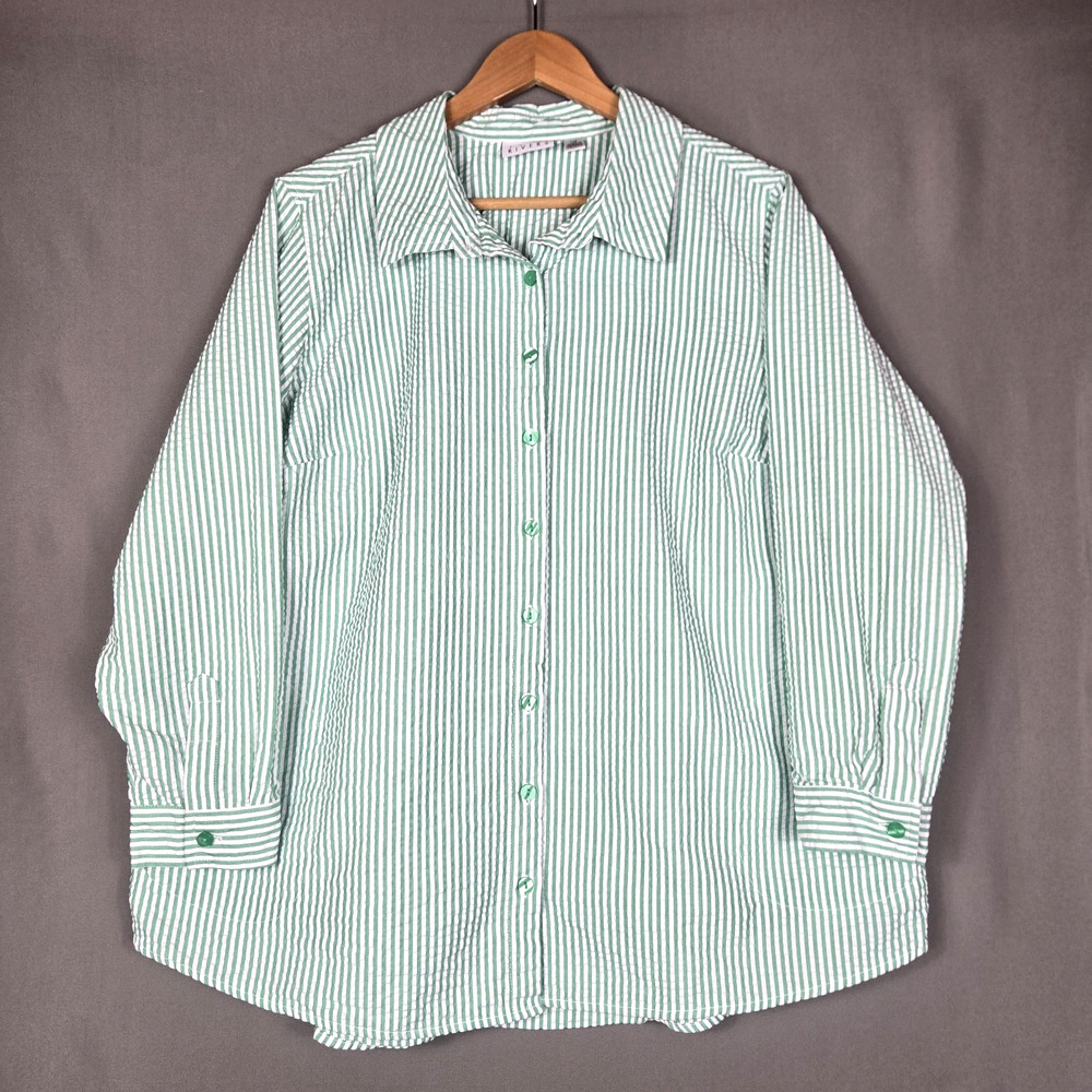 Joan Rivers Seersucker Green White Stripe Button Up Coastal Preppy QVC Size 1XP